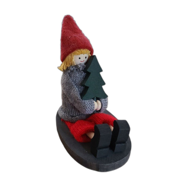 Handmade Sweden Larssons Tra Wood Christmas Figurine Girl on Sled Holding Tree - Picture 1 of 15
